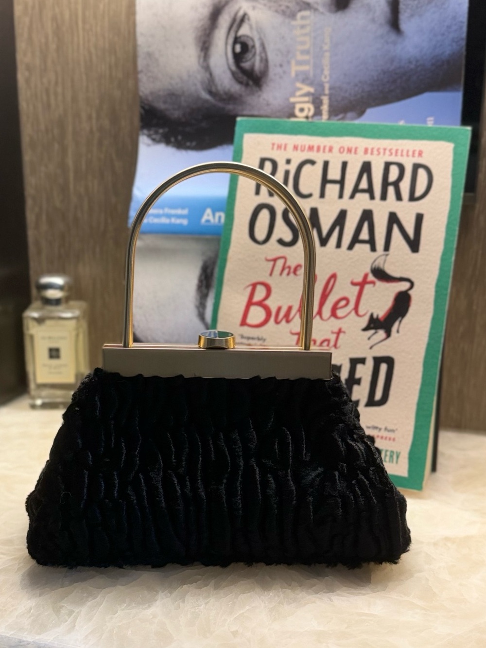 Cult Gaia Black Velvet Evening Clutch with Gold Top Handle Very Good Condition